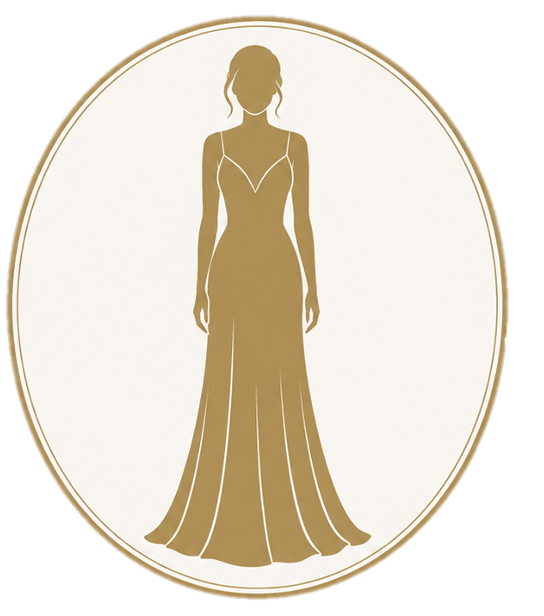 A floor-length gown, drawn in gold inside an oval frame
