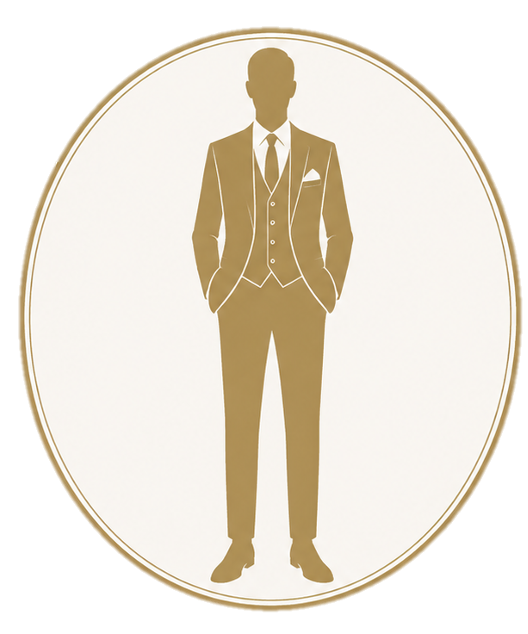 A three-piece suit, drawn in gold inside an oval frame